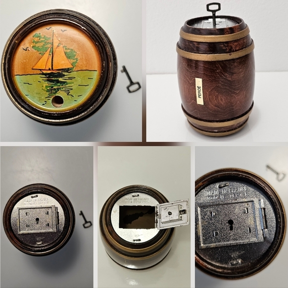 PERCE Wooden Barrell with Sail Boat Coin Piggy Bank - Picture 3 of 16